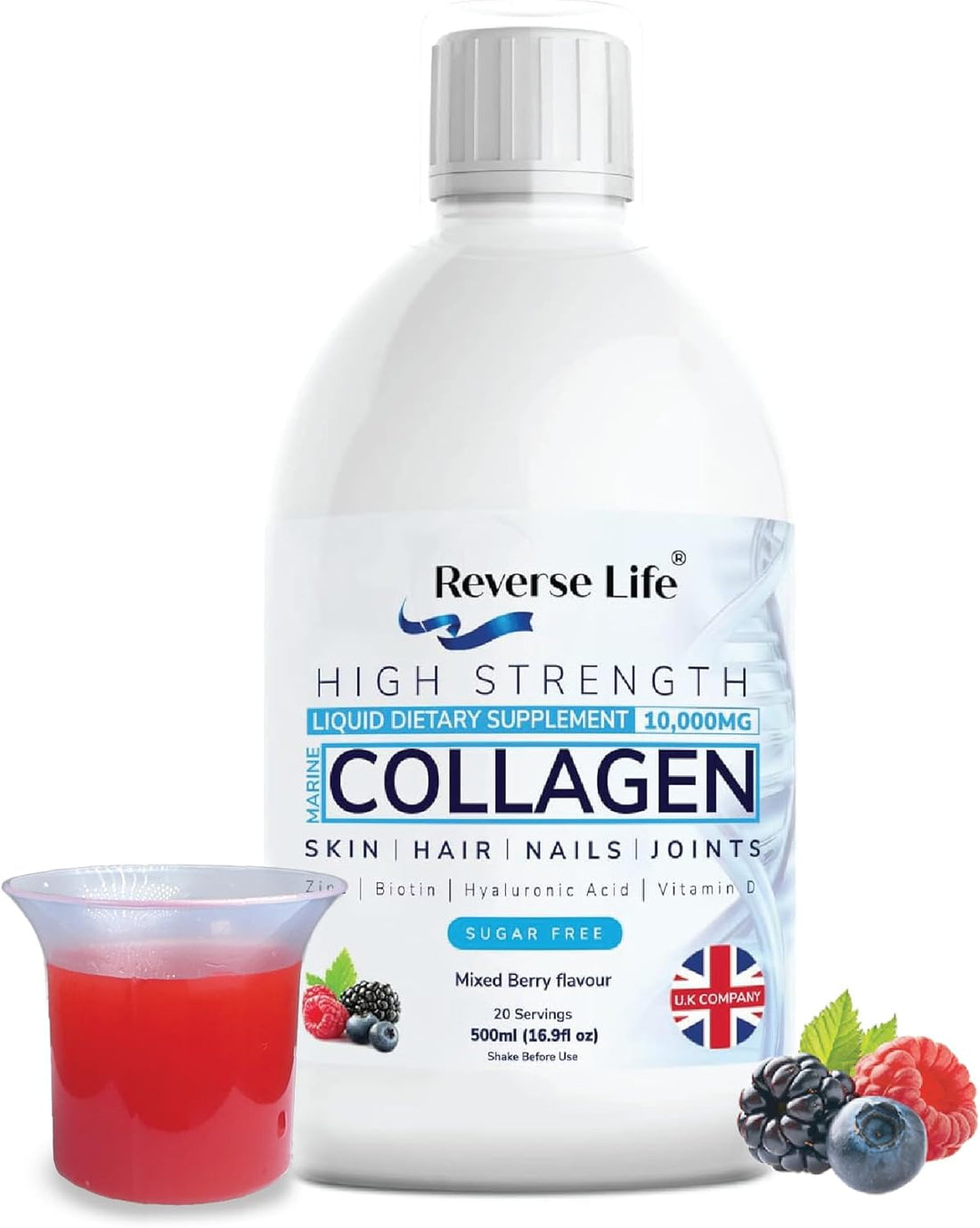 - Marine Collagen - Hydrolysed Peptide Supplement Drink Infused with Vitamin C, D, Hyaluronic Acid, and Biotin - High Strength Dietary Supplement 10000Mg