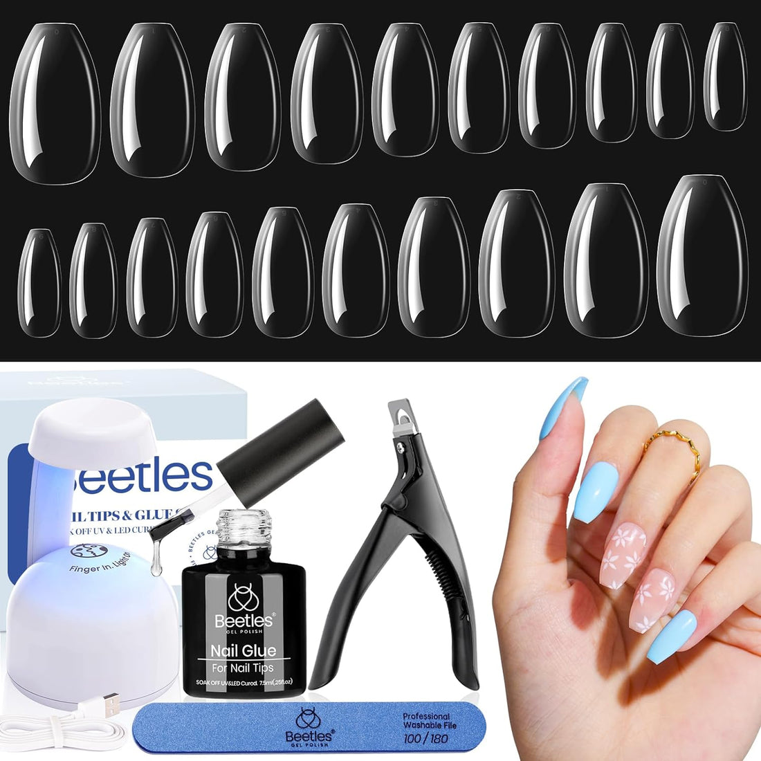 Beetles Gel Nail Kit Easy Nail Extension Set with 240Pcs Nail Tips Short Ballerina Nails 5 in 1 Nail Glue Base Gel and Uv Led Lamp Gel Kit Gelly Tips Acrylic Ballerina Nail Tips